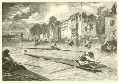 Roeiwedstrijd op de Theems bij Chelsea (gravure) door Edmond (after) Morin