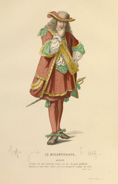 Kostuum voor de rol van Alceste, ca. 1868 (gravure) door Edmond Aime Florentin Geffroy