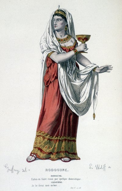 Het personage Cleopatra in de tragedie Rodogune prinses van de Parthen - Volledig theater: (Collectie toneelstukken van Corneille) tekening door Geffroy, gravure door L. Wolff - ed. Laplace, Sanchez et Cie, Parijs 1884 door Edmond Aime Florentin Geffroy