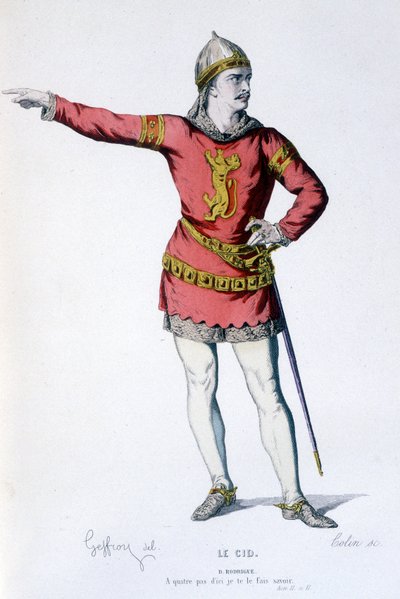 Het personage Don Rodrigue in de tragi-komedie Le Cid - Volledig Theater: (Collectie van toneelstukken door Corneille) tekening door Geffroy, gravure door Colin - ed. Laplace, Sanchez et Cie, Parijs 1884 door Edmond Aime Florentin Geffroy