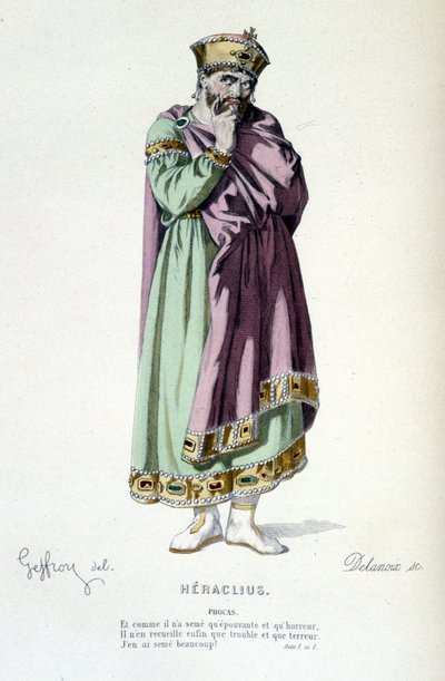 Het personage Phocas in de tragedie Heraclius - Volledig Theater: (Collectie van toneelstukken door Corneille) tekening door Geffroy, gravure door Delanoix - ed. Laplace, Sanchez et Cie, Parijs 1884 door Edmond Aime Florentin Geffroy