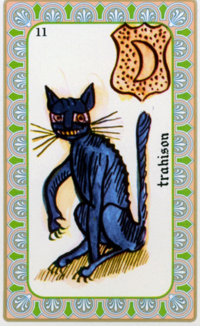 tarot door magus Belline getekend door Edmond Billaudot c. 1845 en gegeven aan helderziende Belline voor heruitgave: kaart van het verraad: de kat door Edmond Billaudot