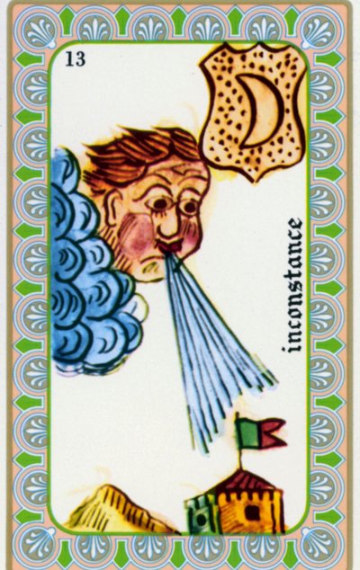 tarot door magus Belline getekend door Edmond Billaudot ca. 1845 en gegeven aan helderziende Belline voor heruitgave: kaart van de wispelturigheid: wind waait door Edmond Billaudot