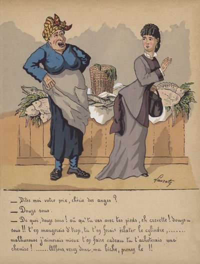 Gesprek bij een viskraam (kleur litho) door Edmond Lavrate