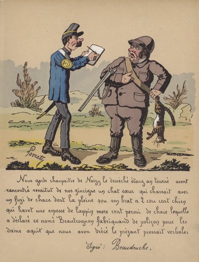 Jachtopziener met een jager die een kat heeft geschoten (kleur litho) door Edmond Lavrate