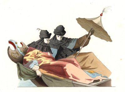 Venetianen met de bauta-masker, Italië 18e eeuw, gebaseerd op een schilderij van Giovanni Antonio Canal, lithografie gebaseerd op een illustratie door Edmond Lechevallier-Chevignard, uit 