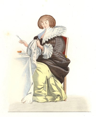 Vrouw van de Franse adel 16e eeuw, naar een gravure van Abraham Bosse (1602-1676) - Lithografie van een illustratie door Edmond Lechevallier-Chevignard (1825-1902), uit 