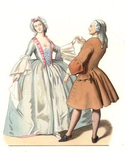 Dansmeester en een jonge Venetiaan, dansles in Italië 18e eeuw, gebaseerd op een schilderij van Pietro Longhi (1701-1785) - Lithografie gebaseerd op een illustratie van Edmond Lechevallier-Chevignard (1825-1902), afkomstig uit "Historische Kostuums van de  door Edmond Lechevallier Chevignard