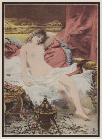 Delirium, vrouw zittend op een bank door Edmond Louis Dupain