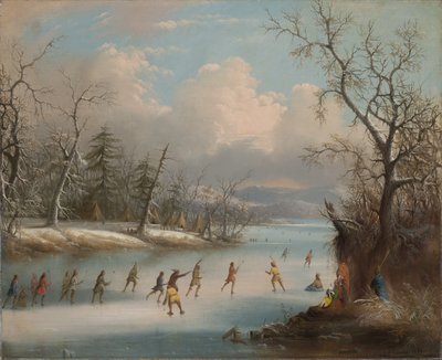 Indianen spelen lacrosse op het ijs, 1859 door Edmund C. Coates
