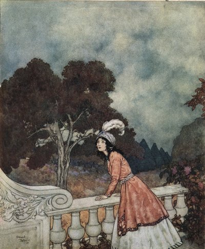 Blauwbaard: Blauwbaards jonge vrouw, Fatima, vraagt haar zus Anne of ze haar broers ziet vanaf de toren door Edmund Dulac