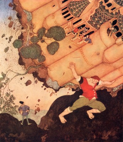 "Hallo vriend, neem het hele kasteel met de koningin en alles wat het bevat op je schouders", illustratie uit het Belgische sprookje De Zeven Veroveraars van de Koningin van de Mississippi, uit Edmund Dulac