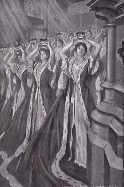 Vrouwen van adel zetten hun kronen op bij de kroning van koningin Alexandra, gemalin van koning Edward VII, Westminster Abbey, Londen door Edmund Joseph (after) Sullivan