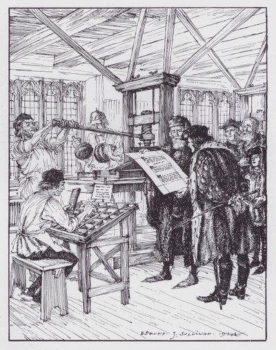 William Caxton in zijn drukkerij door Edmund Joseph (after) Sullivan