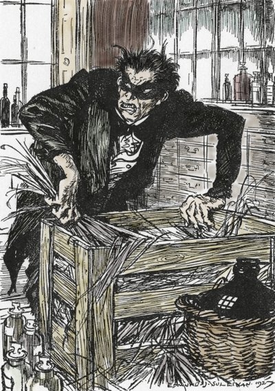 Dr. Jekyll zoekt wanhopig naar de poeders om zijn karakter van Mr. Hyde te bevrijden (Illustratie door Edmund Joseph Sullivan voor de roman 