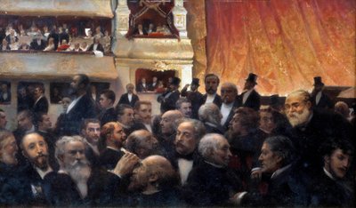 Pauze, een première bij de Franse Comédie Onder de toeschouwers: in het bad, Henri Rochefort en Léon Gambetta, in de avant-scène kleedkamer boven, Jules Ferry, beneden, Ferdinand de Lesseps. Op de vloer, van links naar rechts en van boven door Edouard Joseph Dantan