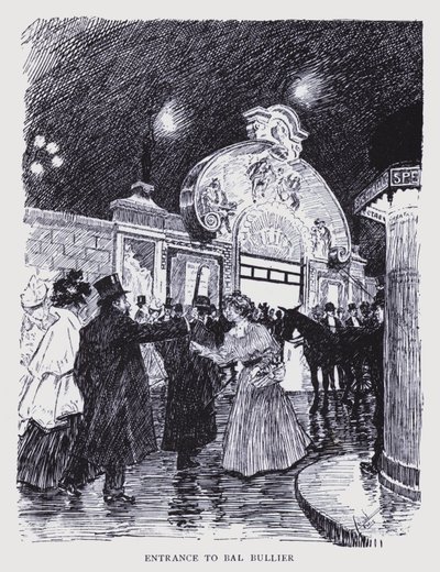 Boheems Parijs: Ingang tot Bal Bullier (litho) door Edouard Alfred (1875-1954) Cucuel