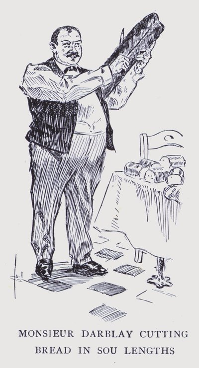 Boheems Parijs: Monsieur Darblay snijdt brood in soepen (litho) door Edouard Alfred (1875-1954) Cucuel