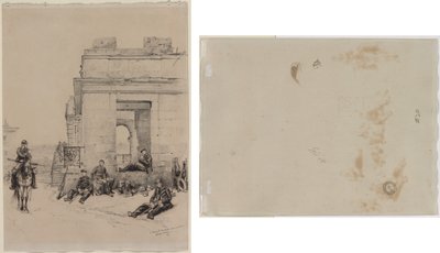 Rustende soldaten (recto) Schets van een man met opgeheven arm en schets van een helm (verso) door Edouard Detaille