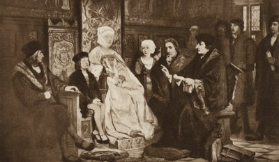 Erasmus leest voor aan de jonge keizer Karel V, Brussel door Edouard Jean Conrad (after) Hamman