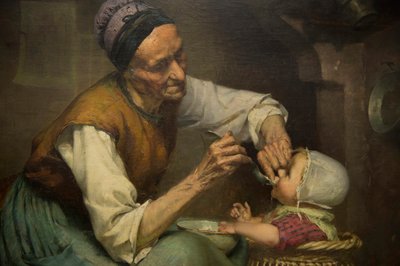 Een oude vrouw voedt haar kleindochter in een rieten babywalker door Edouard Jerome Paupion