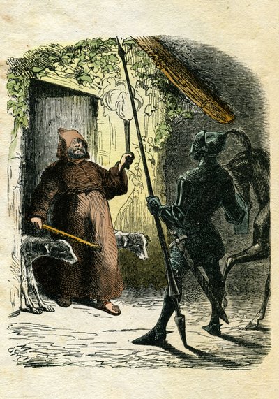 Illustratie door Edward Frère (1797-1874) en Theodore Lix (1830-1897) voor "" Ivanhoe" van Walter Scott (1771-1832), Schots schrijver: Zwarte ridder aanvaardt de gastvrijheid van een kluizenaar in het bos. door Edouard & Lix Theodore (1830-1897) Frere
