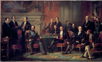 Het Congres van Parijs van 25 februari tot 30 maart 1856 na de Krimoorlog, door Napoleon III met de ministers van Buitenlandse Zaken van de Europese staten door Edouard Louis Dubufe