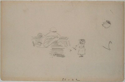 Manet - Schets van een vrouw zittend op een bankje en een kind dichtbij (blad uit een schetsboek), circa 1864-1868 door Édouard Manet