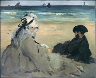 Op het strand. Portret van Madame Edouard Manet en Eugene Manet, de vrouw en broer van de kunstenaar in Berck-sur-Mer. Schilderij door Edouard Manet door Édouard Manet