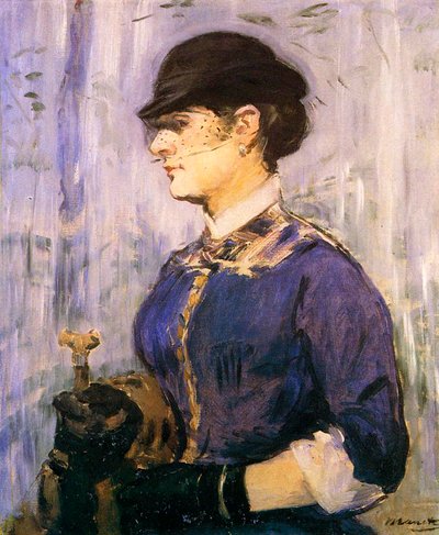 Jonge vrouw met een blauwe top en kleine zwarte hoed, 1877 door Édouard Manet