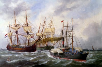 Twee driemasters gesleept door Le Neptune in Le Havre in 1882 door Edouard Marie Adam