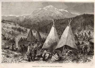 Een Indiaans kamp, in het Utah-gebied, aan de oevers van de Riviere Verte. Gravure naar de tekening van E. Riou, ter illustratie van het verhaal La conquete blanche, door William Hepworth Dixon, in 1875, gepubliceerd in 