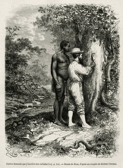 Apatou, gids en reisgenoot vraagt de ontdekkingsreiziger auteur om zijn initialen in de schors van een boom te graveren. Gravure door Riou, ter illustratie van het verhaal van Cayenne aux Andes, door Jules Crevaux, arts van de Franse marine, in 1878-1879,  door Edouard Riou