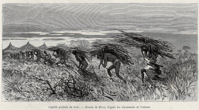 Gevangenen dragen hout in de bush. Gravure door Riou, ter illustratie van het verhaal 