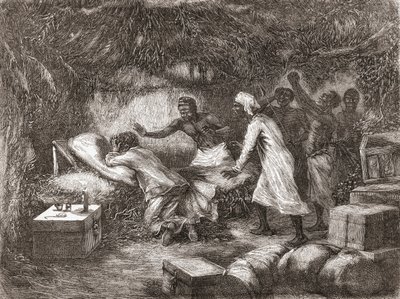 Dood van Dr. Livingstone in het dorp Tchitammbo, Afrika, in 1873, illustratie uit 