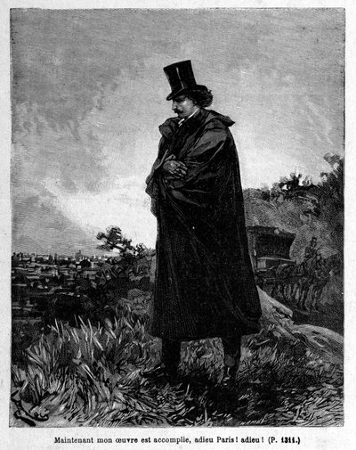 Edmond Dantes, de Graaf van Monte-Cristo verlaat Parijs - Gravure door Riou, in 