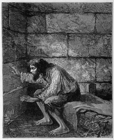 Edmond Dantès, de Graaf van Monte Cristo in zijn gevangenis - Gravure door Riou, in "La Comte de Monte-Cristo" door Alexandre Dumas, Rouff & Cie door Edouard Riou