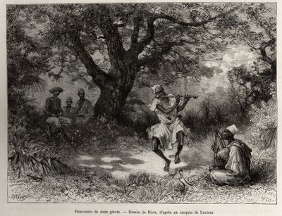 Ontmoet twee griots, Kapitein Binger, zittend in de schaduw, geniet van de show. Gravure door Riou, ter illustratie van het verhaal From Niger to the Gulf of Guinee door Kapitein Louis Gustave Binger (1856-1936), in 1887-1889, in Le tour du monde, nouveau  door Edouard Riou