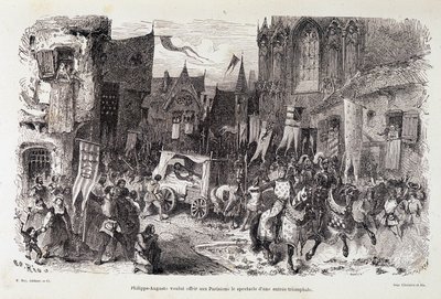 Filips August wilde de Parijzenaars het spektakel van een triomfantelijk vertrek bieden. sd. 12e eeuw door Edouard Riou