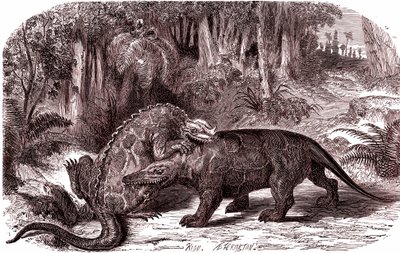 De Iguanodon en de Megalosaurus (gravure door Edouard Riou