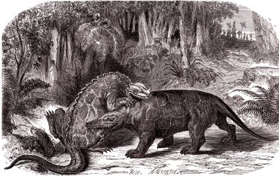 De Iguanodon en de Megalosaurus door Edouard Riou