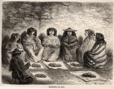 Het kauwen van gunapo voor de vervaardiging van chicha in Comtapata. Illustratie van de reis door Zuid-Amerika van 1848 tot 1860 door Paul Marcoy door Edouard Riou