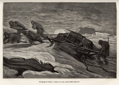 De bemanning van het schip La Germania, afgedaald op het ijs voor een jachtpartij, sleept hun slee over het ijs, terwijl de zon ondergaat, gravure naar de tekening van E.Riou, ter illustratie van een reis naar de Noordpool in 1869-1870 door de kapitein van door Edouard Riou