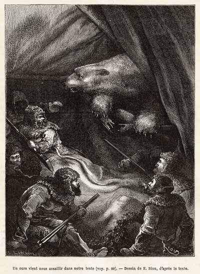 De bemanning van het schip La Germania, neergedaald op het ijs voor een jachtpartij, zette een tent op om te bivakkeren, die werd bezocht door een ijsbeer terwijl de mannen bang waren om te gaan liggen, gravure naar de tekening van E. Riou, ter illustratie door Edouard Riou