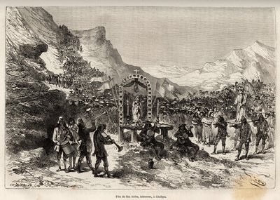 Het feest van San Isidro, patroon van de ploeger en beschermer van gewassen, in Challqui (Peru), de parade van meer dan 1000 indianen uit de omgeving, brengt het beeld van de heilige naar het altaar van de maagd, daarna verzamelen allen zich voor het feest door Edouard Riou