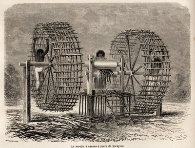 De molen om suikerriet te malen van Sarayacu (Peru), tekening door Riou, ter illustratie van Paul Marcoy