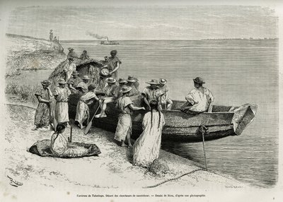 Het vertrek van rubberzoekers, in de buurt van Tabatinga (bovenste Amazonegebied). Gravure door Riou, illustratie van het verhaal van Cayenne aux Andes, door Jules Crevaux, arts van de Franse marine, in 1878-1879, gepubliceerd in Le tour du monde door Edouard Riou