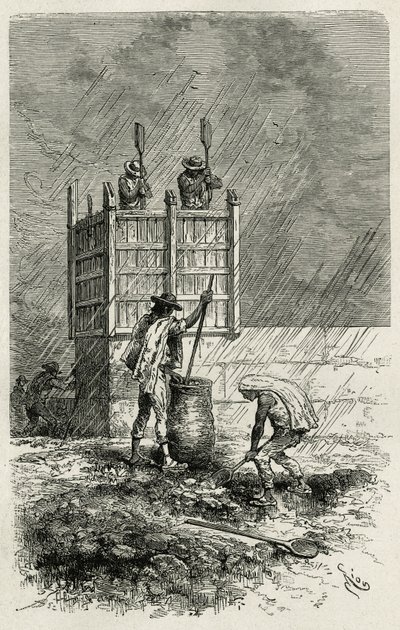 De tapial, een oude techniek van het bouwen van kleimuren met behulp van een houten bekisting, compact door stampen en drogen door de zon, gravure door Riou, ter illustratie van het verhaal L