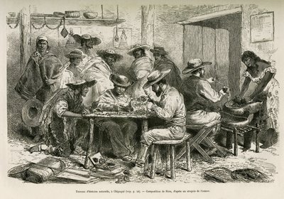 De werken van de natuurlijke historie, in Chipaque (Colombia), de voorbereiding van de uitdroging van planten voor herbarium, onder de nieuwsgierige blik van de Indianen, tekening door E. Riou, ter illustratie van de reis naar equinoxiaal Amerika (Colombia door Edouard Riou