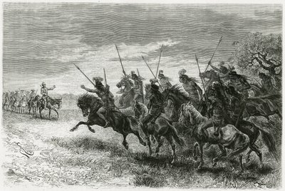 Tobas-indianen (uit de Chaco-regio, tussen Paraguay en Bolivia) weigeren over te gaan naar de colonne van de Thouar-expeditie. Gravure door Riou, ter illustratie van het verhaal 